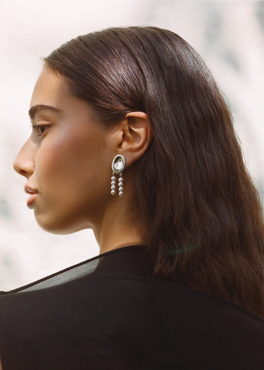 Christian Aks Two Form Earrings, Pearl Rows Earrings 0003 Silver